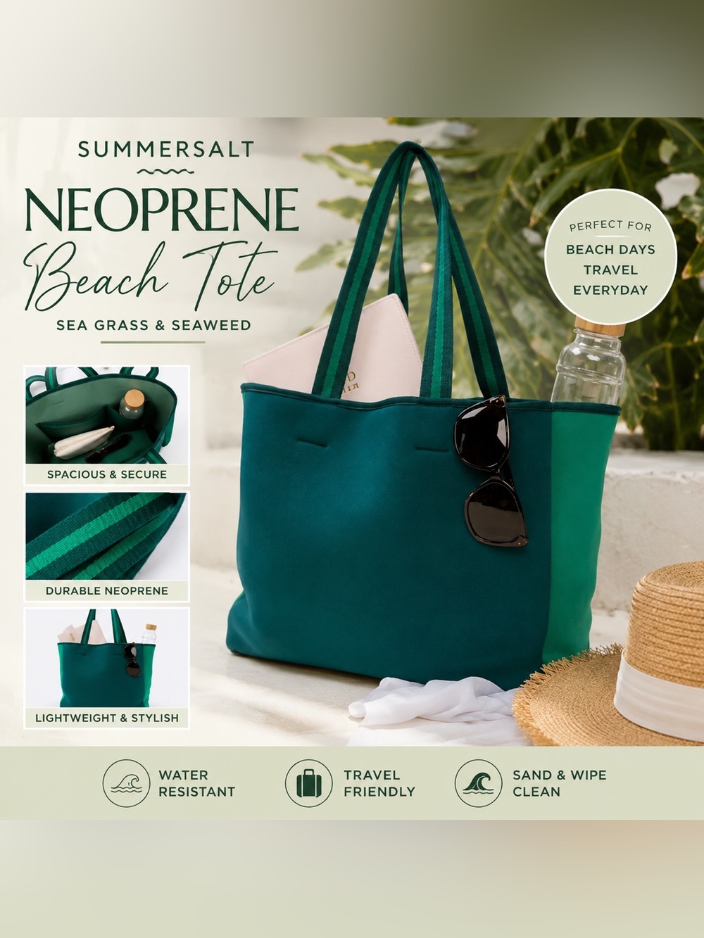 Summersalt Neoprene Beach Tote Sea Grass & Seaweed Green Bag